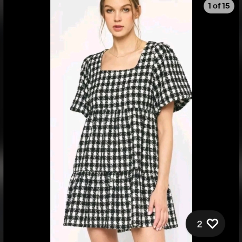 Entro Spring Dress Women Med Black White Babydoll Houndstooth Tweed Square Neck